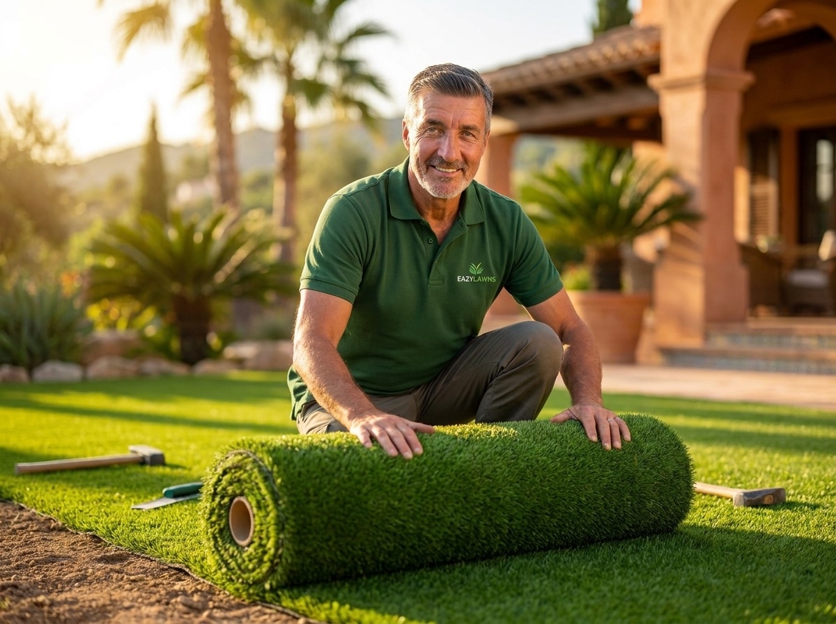 Eazylawns founder unrolling premium artificial grass